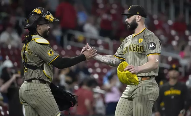 San Diego Padres pitcher Tanner Scott celebrates with catcher Luis Campusano following a 7-5 victory over the St. Louis Cardinals in a baseball game Tuesday, Aug. 27, 2024, in St. Louis. (AP Photo/Jeff Roberson)