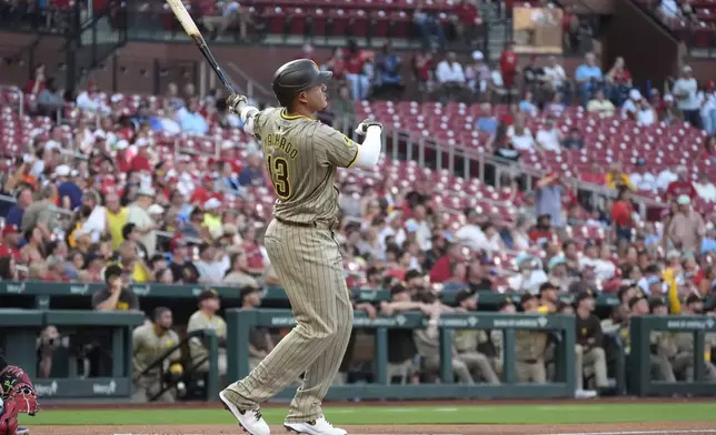 San Diego Padres' Manny Machado watches his two-run home run during the first inning of a baseball game against the St. Louis Cardinals Monday, Aug. 26, 2024, in St. Louis. (AP Photo/Jeff Roberson)