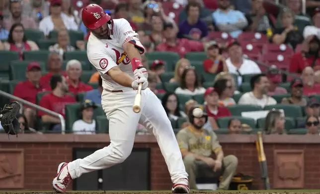 St. Louis Cardinals' Paul Goldschmidt hits an RBI single during the second inning of a baseball game against the San Diego Padres Monday, Aug. 26, 2024, in St. Louis. (AP Photo/Jeff Roberson)