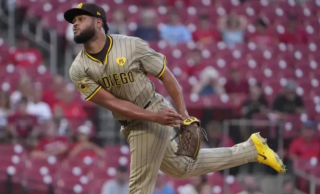 San Diego Padres starting pitcher Randy Vasquez throws during the first inning of a baseball game against the St. Louis Cardinals Monday, Aug. 26, 2024, in St. Louis. (AP Photo/Jeff Roberson)