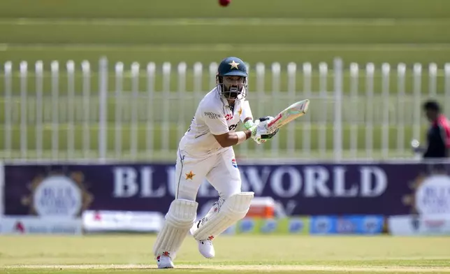 Pakistan's Mohammad Rizwan plays a shot during the second day of first cricket test match between Pakistan and Bangladesh, in Rawalpindi, Pakistan, Thursday, Aug. 22, 2024. (AP Photo/Anjum Naveed)