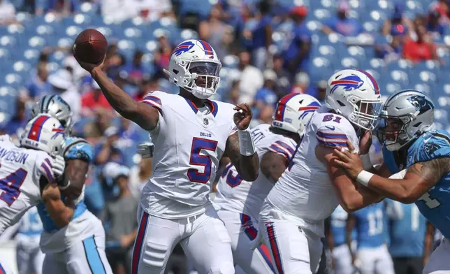 Buffalo Bills quarterback Anthony Brown Jr. (5) passes in the second half of an NFL preseason football game against the Carolina Panthers, Saturday, Aug. 24, 2024, in Orchard Park, N.Y. (AP Photo/Jeffrey T. Barnes)