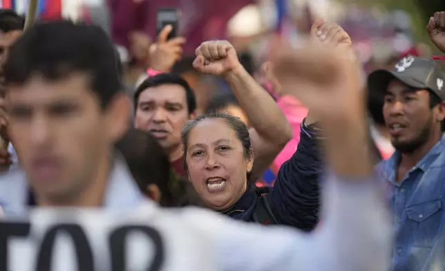 Anti-government protesters march during an opposition rally, marking a year since President Santiago Pena's inauguration, in Asuncion, Paraguay, Thursday, Aug. 15, 2024. (AP Photo/Jorge Saenz)