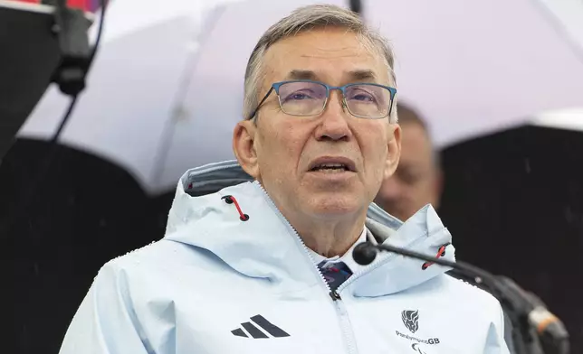 ParalympicsGB President Nick Webborn OBE delivers a speech during the lighting of the Paralympic Flame in Stoke Mandeville, widely considered the birthplace of the Paralympic Games, England, Saturday, Aug. 24, 2024. (AP Photo/Thomas Krych)