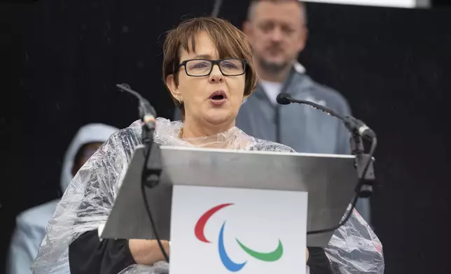 WheelPower Patron, Baroness Tanni Grey-Thompson delivers a speech during the lighting of the Paralympic Flame in Stoke Mandeville, widely considered the birthplace of the Paralympic Games, England, Saturday, Aug. 24, 2024. (AP Photo/Thomas Krych)