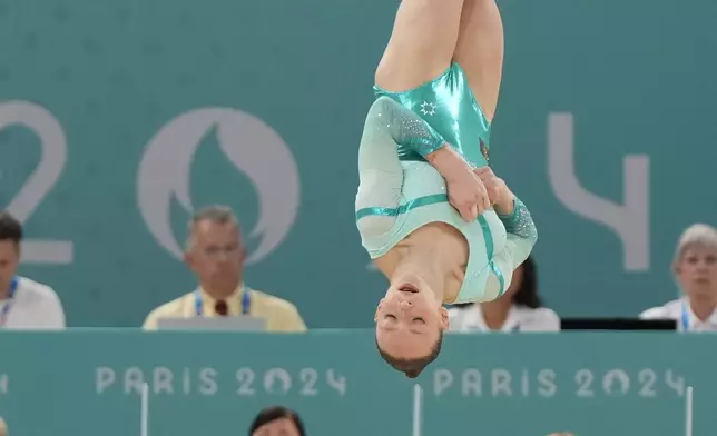 Ana Barbosu, of Romania, competes during the women's artistic gymnastics individual floor finals at Bercy Arena at the 2024 Summer Olympics, Monday, Aug. 5, 2024, in Paris, France. (AP Photo/Francisco Seco)