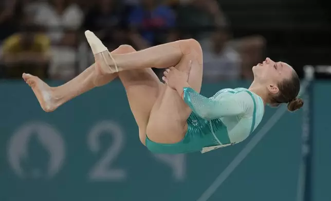 Ana Barbosu, of Romania, competes during the women's artistic gymnastics individual floor finals at Bercy Arena at the 2024 Summer Olympics, Monday, Aug. 5, 2024, in Paris, France. (AP Photo/Charlie Riedel)