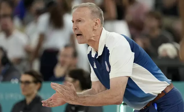 France head coach Vincent Collet yells to his team during a men's basketball game against Canada at the 2024 Summer Olympics, Tuesday, Aug. 6, 2024, in Paris, France. (AP Photo/Michael Conroy)