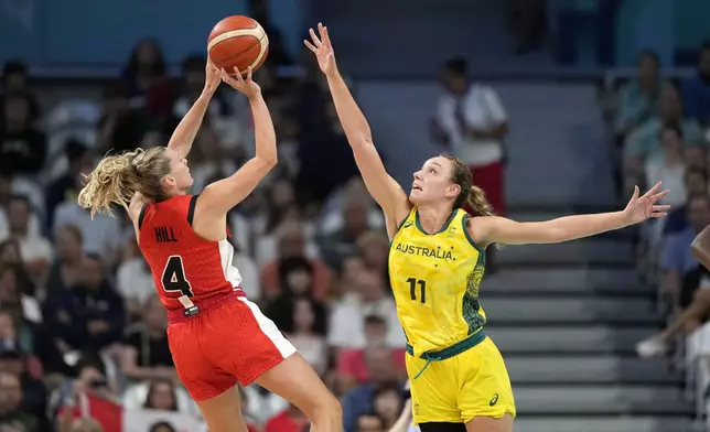 Canada's Sami Hill, left, shoots as Australia's Alanna Smith defends during a women's basketball game at the 2024 Summer Olympics, Thursday, Aug. 1, 2024, in Villeneuve-d'Ascq, France. (AP Photo/Michael Conroy)