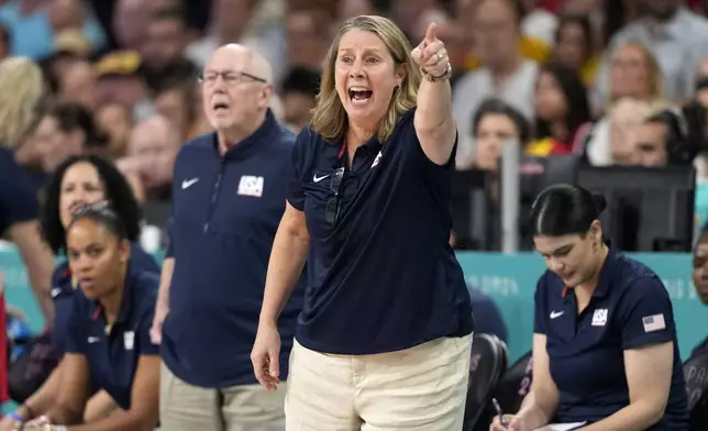 United States head coach Cheryl Reeve gestures during a women's basketball game against Belgium at the 2024 Summer Olympics, Thursday, Aug. 1, 2024, in Villeneuve-d'Ascq, France. (AP Photo/Michael Conroy)