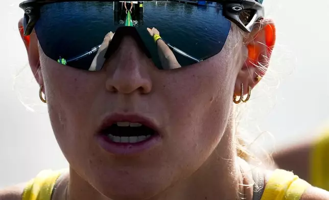 Australia's Harriet Hudson competes in the women's double sculls rowing semifinal with teammate Amanda Bateman (not pictured) at the 2024 Summer Olympics, Tuesday, July 30, 2024, in Vaires-sur-Marne, France. (AP Photo/Lindsey Wasson)