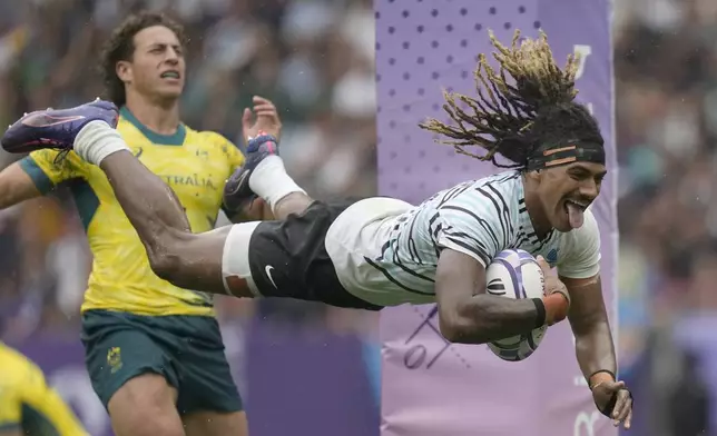 Fiji's Selesitino Ravutaumada goes over the line to score a try during the men's semifinal Rugby Sevens match between Fiji and Australia at the 2024 Summer Olympics, in the Stade de France, in Saint-Denis, France, Saturday, July 27, 2024. (AP Photo/Vadim Ghirda)