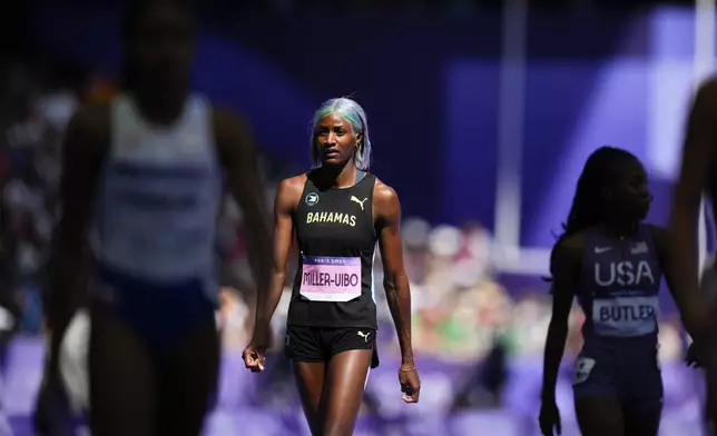 Shaunae Miller-Uibo, of Bahamas, walks down the track after failing to finish her women's 400-meters heat at the 2024 Summer Olympics, Monday, Aug. 5, 2024, in Saint-Denis, France. (AP Photo/Petr David Josek)