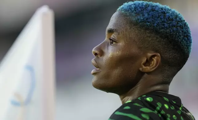 Nigeria's Rasheedat Ajibade looks on during the women's Group C soccer match between Nigeria and Brazil at the Bordeaux stadium during the 2024 Summer Olympics, Thursday, July 25, 2024, in Bordeaux, France. (AP Photo/Moises Castillo)