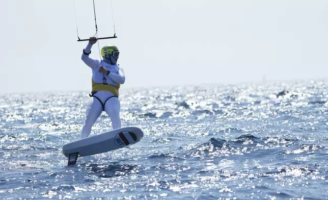 Valentin Bontus of Austria looks on after finishing the men's kite semifinal race during the 2024 Summer Olympics, Thursday, Aug. 8, 2024, in Marseille, France. (AP Photo/Jacquelyn Martin)