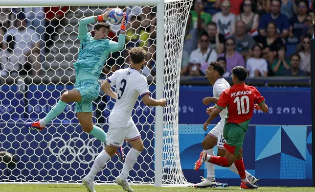 Goalkeeper Patrick Schulte of the United States makes a catch during the quarterfinal men's soccer match between Morocco and the United States at the Parc des Princes during the 2024 Summer Olympics, Friday, Aug. 2, 2024, in Paris, France. (AP Photo/Aurelien Morissard)