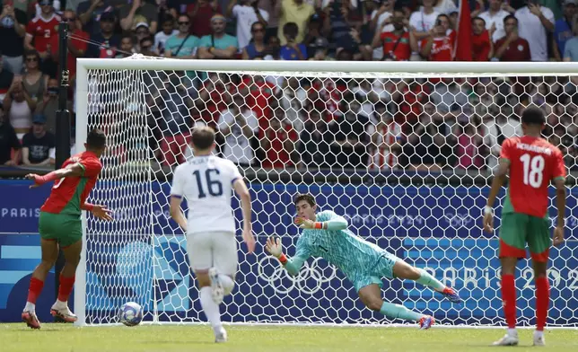 Morocco's Soufiane Rahimi scores the opening goal from the penalty spot during the quarterfinal men's soccer match between Morocco and the United States at the Parc des Princes during the 2024 Summer Olympics, Friday, Aug. 2, 2024, in Paris, France. (AP Photo/Aurelien Morissard)