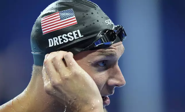 Caelab Dressel, of the United States, gets ready to compete in a men's 50-meter freestyle semifinal at the 2024 Summer Olympics in Nanterre, France, Thursday, Aug. 1, 2024. (AP Photo/Martin Meissner)