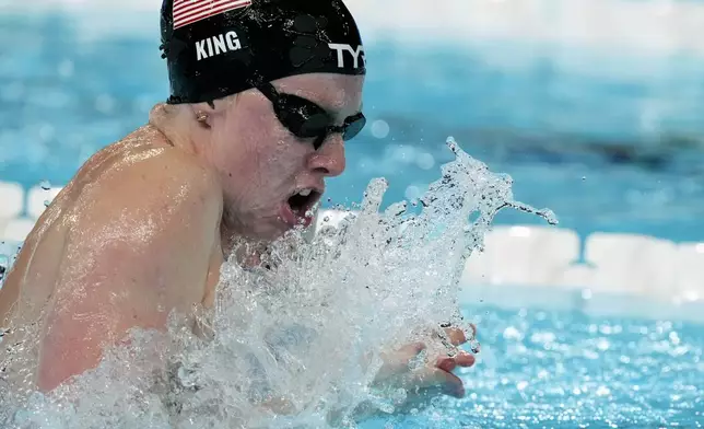 United States' Lilly King competes in the women's 4x100-meter medley relay final at the Summer Olympics in Nanterre, France, Sunday, Aug. 4, 2024. (AP Photo/Brynn Anderson)