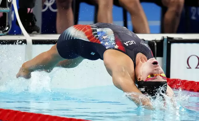 United States' Regan Smith competes in the women's 4x100-meter medley relay final at the Summer Olympics in Nanterre, France, Sunday, Aug. 4, 2024. (AP Photo/Brynn Anderson)