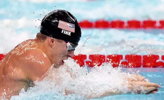 United States' Nic Fink competes in the men's 4x100-meter medley relay final at the Summer Olympics in Nanterre, France, Sunday, Aug. 4, 2024. (AP Photo/Tsvangirayi Mukwazhi)