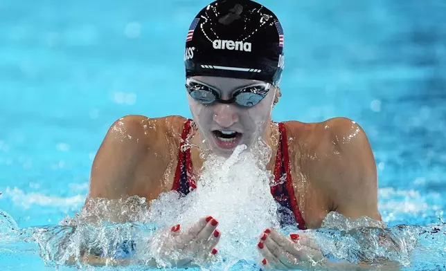 Kate Douglass, of the United States, competes in the women's 200-meter breaststroke final at the 2024 Summer Olympics, Thursday, Aug. 1, 2024, in Nanterre, France. (AP Photo/Matthias Schrader)