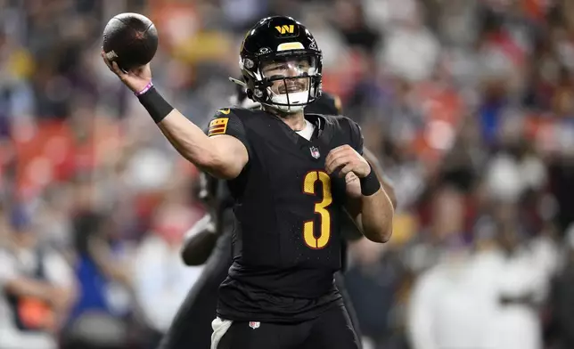 Washington Commanders quarterback Trace McSorley (3) passes against the New England Patriots during the second half of a preseason NFL football game, Sunday, Aug. 25, 2024, in Landover, Md. (AP Photo/Nick Wass)