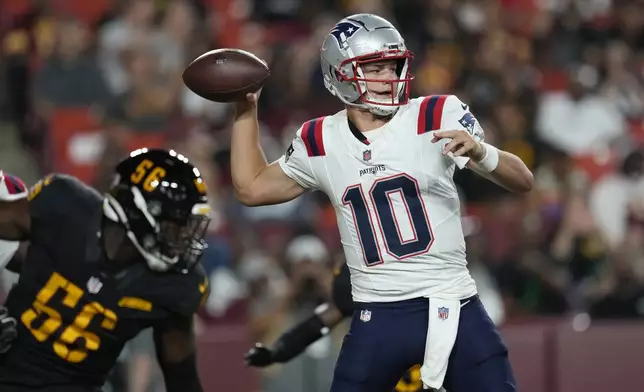 New England Patriots quarterback Drake Maye (10) passes against the Washington Commanders during the first half of a preseason NFL football game, Sunday, Aug. 25, 2024, in Landover, Md. (AP Photo/George Walker IV)