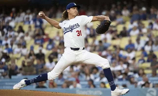 Los Angeles Dodgers pitcher Tyler Glasnow (31) delivers a pitch during the first inning of a baseball game in Los Angeles, Monday, Aug. 5, 2024. (AP Photo/Kyusung Gong)