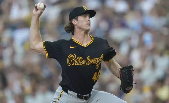 Pittsburgh Pirates starting pitcher Jake Woodford works against a San Diego Padres batter during the second inning of a baseball game Monday, Aug. 12, 2024, in San Diego. (AP Photo/Gregory Bull)