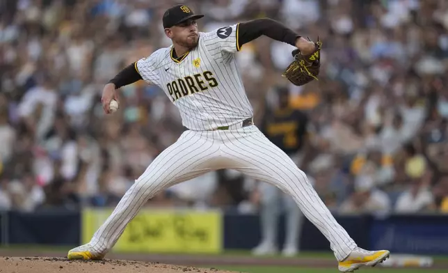 San Diego Padres starting pitcher Joe Musgrove works against a Pittsburgh Pirates batter during the second inning of a baseball game Monday, Aug. 12, 2024, in San Diego. (AP Photo/Gregory Bull)