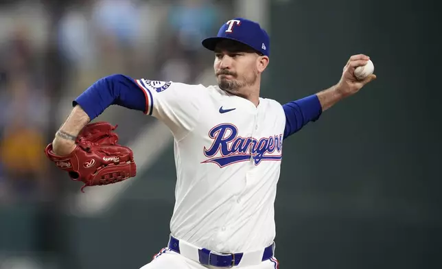 Texas Rangers starting pitcher Andrew Heaney throws to the Pittsburgh Pirates in the first inning of a baseball game, Wednesday, Aug. 21, 2024, in Arlington, Texas. (AP Photo/Tony Gutierrez)