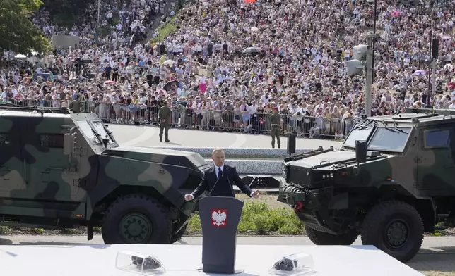 Poland's President Andrzej Duda speaks during the annual observances on Poland's armed forces day, in Warsaw, Poland, on Thursday, Aug. 15, 2024.(AP Photo/Czarek Sokolowski)