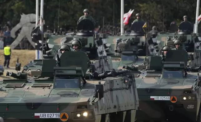 Poland's military parades during the annual observances on Poland's armed forces holiday in Warsaw, Poland, on Thursday, Aug. 15, 2024. (AP Photo/Czarek Sokolowski)