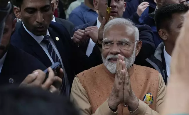 Indian Prime Minister Narendra Modi attends a wreath laying ceremony in honour of the "Good Maharaja" Jam Sahib of Nawanagar, in Warsaw, Poland, Wednesday, Aug. 21, 2024. Modi is visiting Poland for top-level security and trade talks before heading to neighboring Ukraine, which is at war with India's strategic partner, Russia. (AP Photo/Czarek Sokolowski)