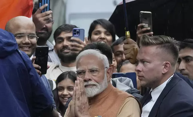 Indian Prime Minister Narendra Modi attends a wreath laying ceremony in honour of the "Good Maharaja" Jam Sahib of Nawanagar, in Warsaw, Poland, Wednesday, Aug. 21, 2024. Modi is visiting Poland for top-level security and trade talks before heading to neighboring Ukraine, which is at war with India's strategic partner, Russia. (AP Photo/Czarek Sokolowski)