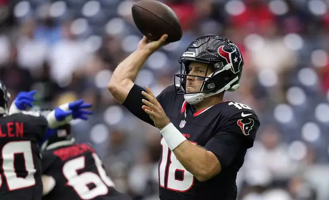 Houston Texans quarterback Case Keenum (18) throws a pass during the first half of a preseason NFL football game against the Los Angeles Rams, Saturday, Aug. 24, 2024, in Houston. (AP Photo/Eric Gay)