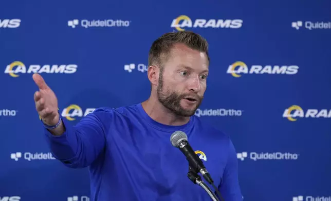 Los Angeles Rams head coach Sean McVay speaks during a news conference after a preseason NFL football game against the Houston Texans, Saturday, Aug. 24, 2024, in Houston. The Texans won 17-15. (AP Photo/Eric Gay)