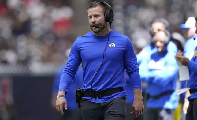 Los Angeles Rams head coach Sean McVay watches from the sideline during the first half of a preseason NFL football game against the Houston Texans, Saturday, Aug. 24, 2024, in Houston. (AP Photo/Eric Gay)