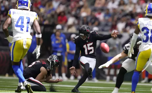 Houston Texans kicker Ka'imi Fairbairn (15) kicks a 48-yard field goal during the first half of a preseason NFL football game against the Los Angeles Rams, Saturday, Aug. 24, 2024, in Houston. (AP Photo/Eric Christian Smith)