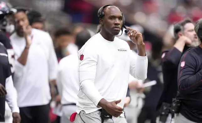 Houston Texans head coach DeMeco Ryans watches from the sideline during the first half of a preseason NFL football game against the Los Angeles Rams, Saturday, Aug. 24, 2024, in Houston. (AP Photo/Eric Christian Smith)