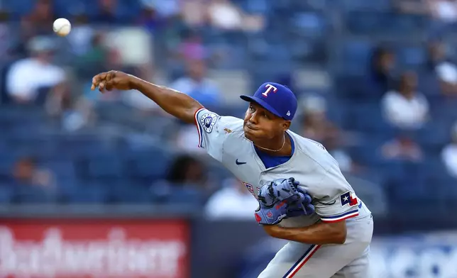 Texas Rangers' José Leclerc pitches against the New York Yankees during the eighth inning of the second game of a baseball doubleheader, Saturday, Aug. 10, 2024, in New York. (AP Photo/Noah K. Murray)