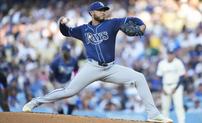 Tampa Bay Rays center fielder Jonny DeLuca throws during the first inning of a baseball game against the Los Angeles Dodgers in Los Angeles, Saturday, Aug. 24, 2024. (AP Photo/Ashley Landis)