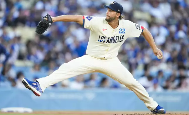 Los Angeles Dodgers starting pitcher Clayton Kershaw prepares to throw during the second inning of a baseball game against the Tampa Bay Rays in Los Angeles, Saturday, Aug. 24, 2024. (AP Photo/Ashley Landis)