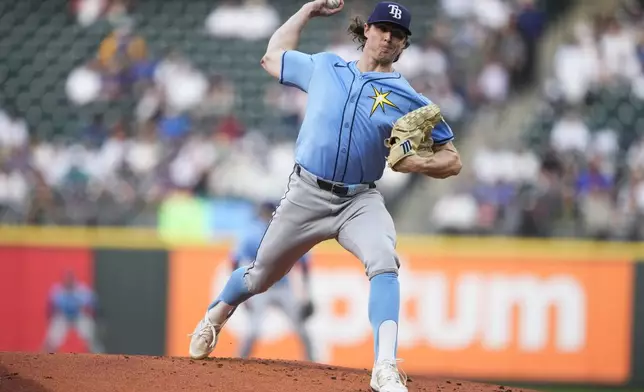 Tampa Bay Rays starting pitcher Ryan Pepiot throws against the Seattle Mariners during the first inning of a baseball game, Monday, Aug. 26, 2024, in Seattle. (AP Photo/Lindsey Wasson)