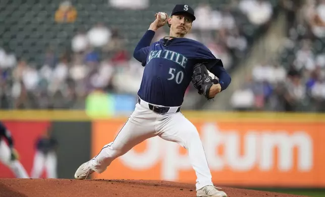 Seattle Mariners starting pitcher Bryce Miller throws against the Tampa Bay Rays during the first inning of a baseball game Monday, Aug. 26, 2024, in Seattle. (AP Photo/Lindsey Wasson)