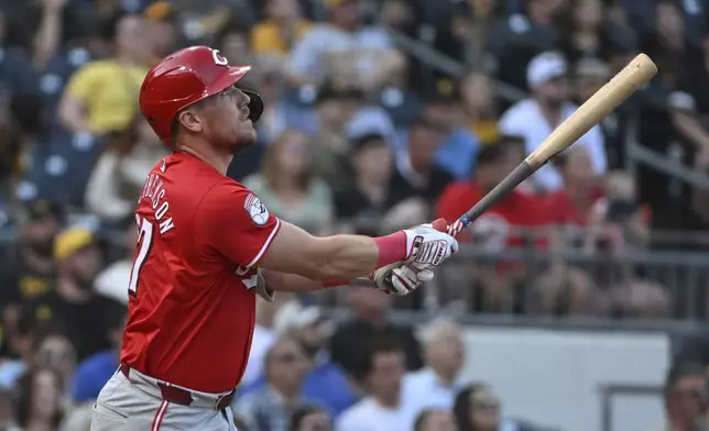 Cincinnati Reds' Tyler Stephenson watches his solo home run against the Pittsburgh Pirates in the first inning of a baseball game, Friday, Aug. 23, 2024, in Pittsburgh. (AP Photo/Barry Reeger)