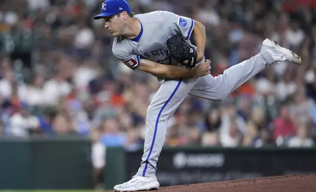 Kansas City Royals starting pitcher Seth Lugo delivers during the first inning of a baseball game against the Houston Astros, Friday, Aug. 30, 2024, in Houston. (AP Photo/Kevin M. Cox)