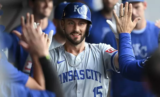 Kansas City Royals' Paul DeJong celebrates with teammates after hitting a solo home run during the second inning of the second game of a baseball doubleheader against the Cleveland Guardians, Monday, Aug. 26, 2024, in Cleveland. (AP Photo/Nick Cammett)