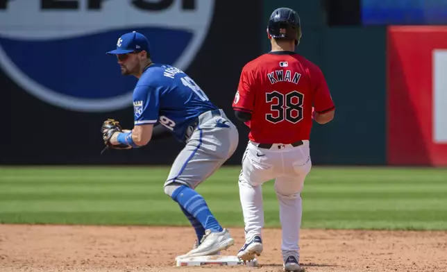 Kansas City Royals' Michael Massey, left, forces Cleveland Guardians' Steven Kwan (38) at second base to end the sixth inning of the first game of a baseball doubleheader in Cleveland, Monday, Aug. 26, 2024. (AP Photo/Phil Long)